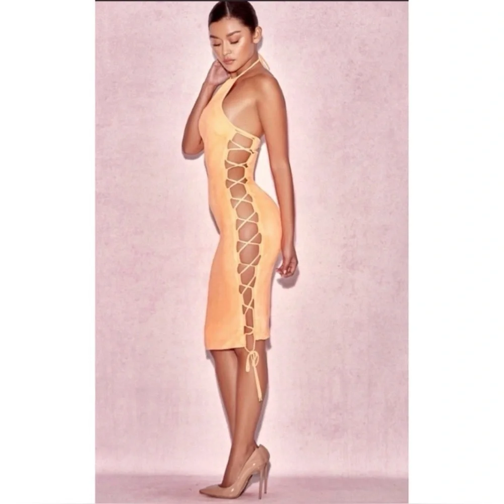 HOUSE OF CB Zabana Neon Orange Sexy Cut Out Lace Up Suedette Dress Large GUC